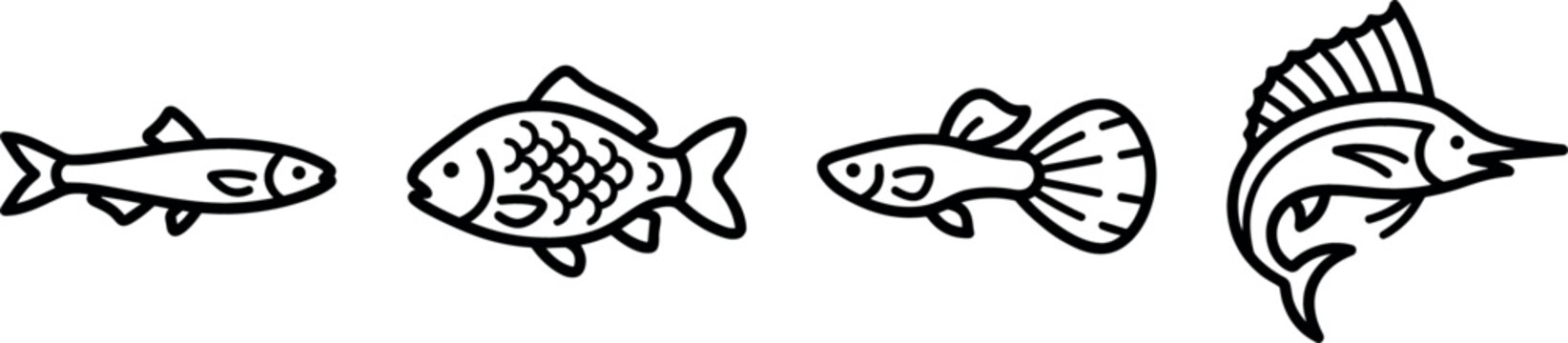Aquatic Fish and Marine Wildlife Icon Vector Set Featuring Minimalist Line Art Symbols of Minnow, Carp, Fancy Guppy, and Sailfish for Sport Fishing and Aquarium Graphics