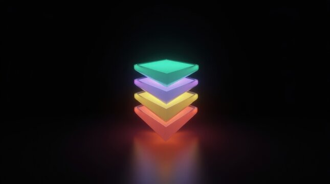 Glowing colorful stacked square layers in dark space