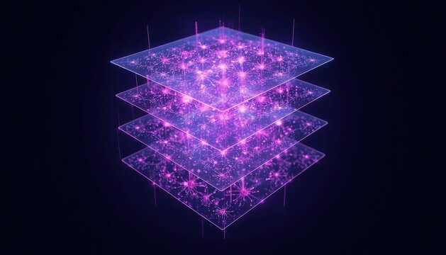 Three dimensional layered grid structure with glowing purple nodes representing cloud computing and database architecture computing architecture structure technology database connection