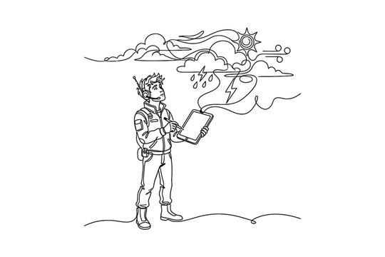 A line art illustration of a meteorologist using a tablet to analyze weather patterns.
