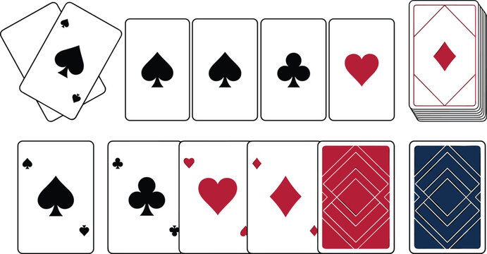 Collection of playing cards vector illustrations showing poker table layout deck stack aces suits and geometric card back patterns isolated on white background