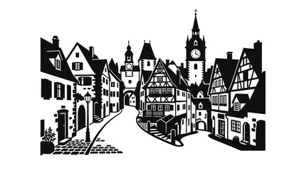 Fototapeta premium Charming European Village Street Scene with Historic Architecture and Clock Tower