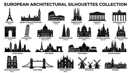 Fototapeta premium European Architectural Silhouettes Collection: Famous Landmarks & City Skylines