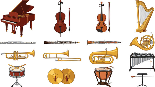 Large collection of classical orchestral musical instruments vector illustrations including grand piano cello violin harp brass woodwinds and percussion isolated on white background