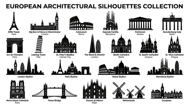 European Architectural Silhouettes Collection: Famous Landmarks & City Skylines
