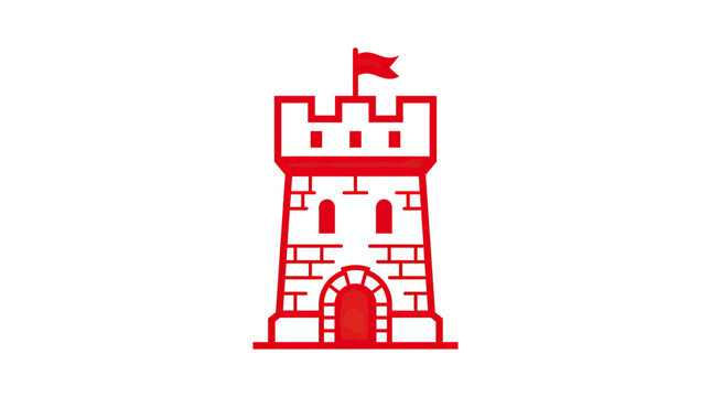 Red Castle Tower Icon with Flag, Isolated on White Background