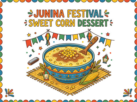 A bowl of sweet corn dessert with cinnamon a wooden spoon and corn cob on a woven mat surrounded by festive bunting