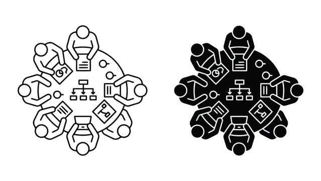 Corporate hierarchy meeting icon showing people sitting around a circular table