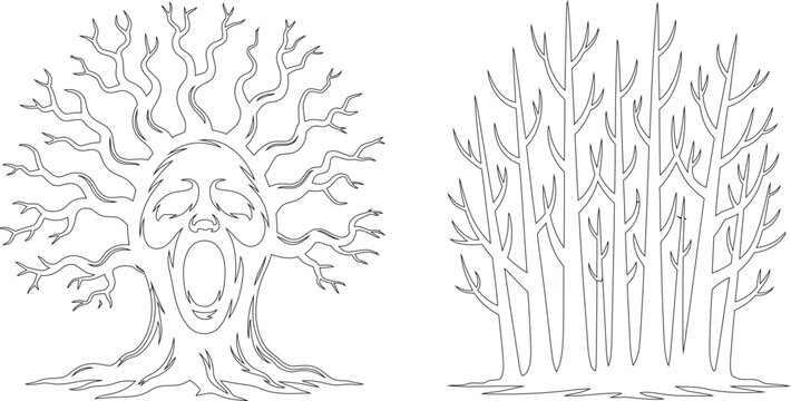Spooky screaming tree face with wide open mouth and scary bare forest trees