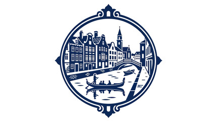 Circular Emblem: Venetian Canal Scene with Gondola and Historic Buildings © wowo