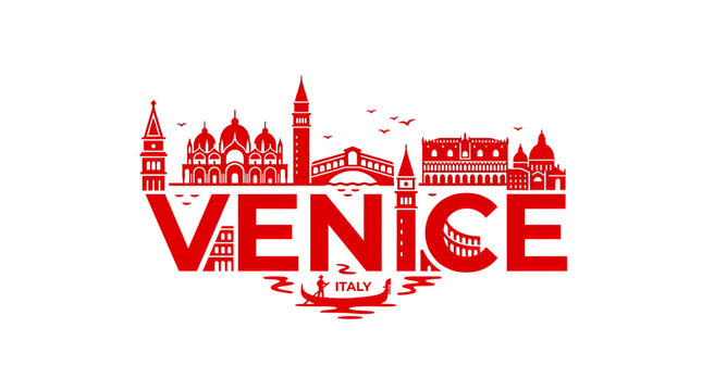 Venice Italy Skyline Silhouette - Famous Landmarks and Gondola