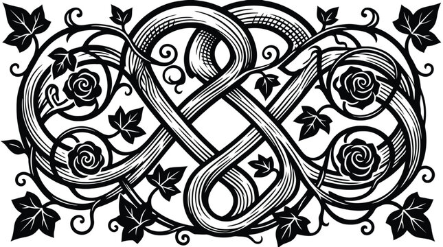 Floral Infinity Knot with Roses and Leaves Ornamental Vector Engraving Illustration.