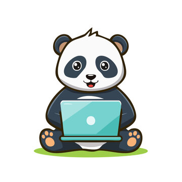 Cute cartoon panda using a laptop