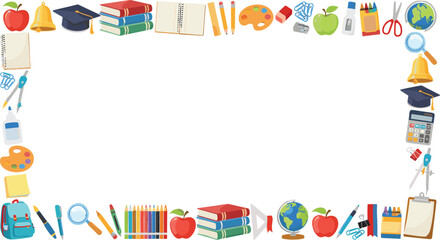 Obraz premium Back to School Supplies Border Frame and Stationery Banner TemplateBack to School Supplies Border Frame and Stationery Banner Template