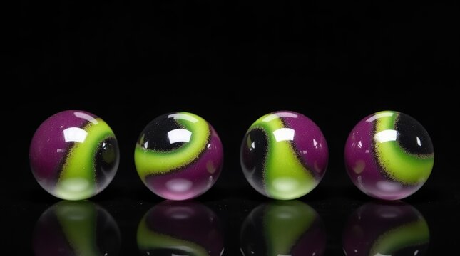 Four glass marbles with purple and green swirls on black background