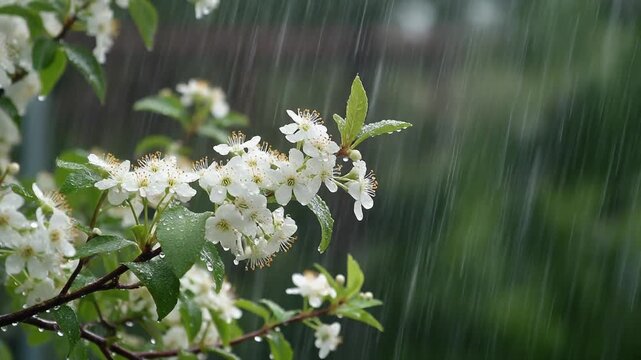 A cinematic close-up of delicate white flowers on a tree branch, gently swaying during a refreshing spring rain shower. Perfect for nature, serenity, and seasonal concepts.