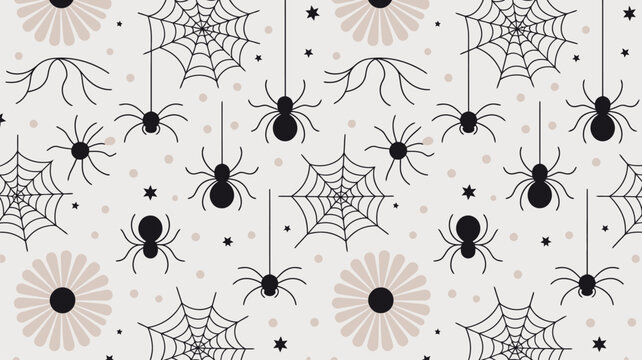 Spooky spiders and intricate spiderwebs create a whimsical Halloween pattern for festive celebrations and decoration