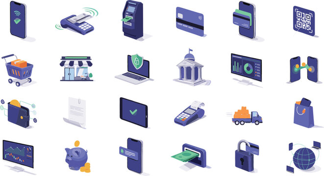 Mobile Fintech and Isometric Digital Banking Icon SetMobile Fintech and Isometric Digital Banking Icon Set