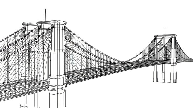 Brooklyn Bridge wireframe sketch, New York City landmark, architectural drawing