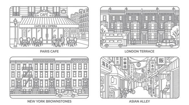 Collage of City Scenes: Paris Cafe, London Terrace, New York Brownstones, Asian Alley
