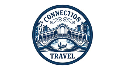 Venice connection travel logo, Rialto bridge and gondola silhouette, blue emblem © Yunan
