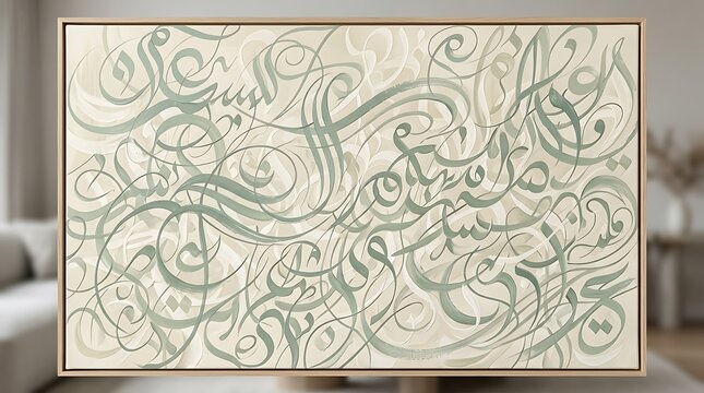 Modern arabic calligraphy art on framed canvas in a living room