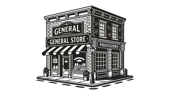Vintage General Store Building Illustration - Retro Provisions Shop Facade