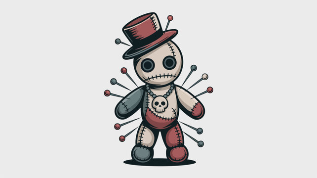 Spooky voodoo doll character wearing a top hat with pins stuck into its fabric body