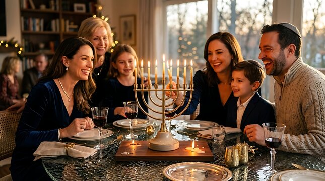 Family lighting the menorah during a festive hanukkah dinner