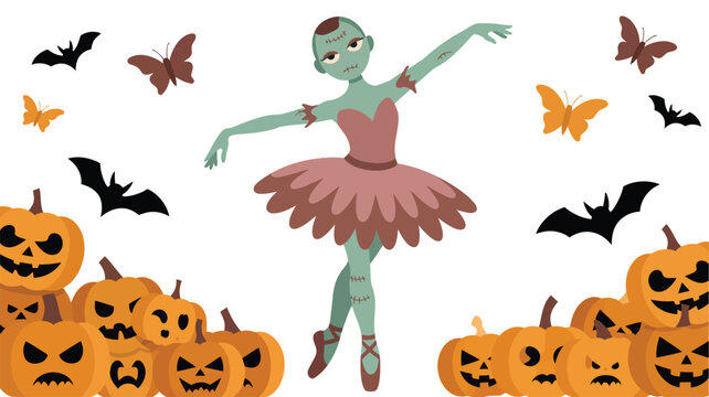 Spooky zombie ballerina gracefully dancing among grinning Halloween pumpkins and flying bats
