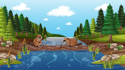 Naklejka premium Two Beavers Building a Wooden Dam Across a Forest River