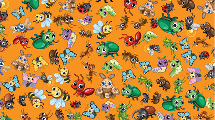 Naklejka premium Seamless Vector Pattern of Cute Cartoon Insects on Orange Background