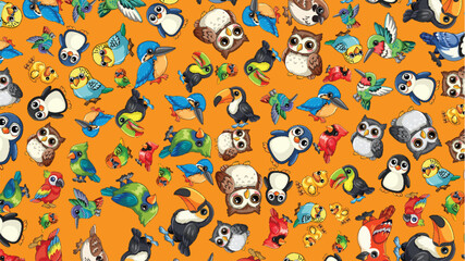 Fototapeta premium Seamless Vector Pattern of Colorful Cartoon Birds on Orange Background