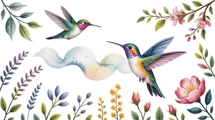 Fototapeta premium Watercolor depiction of colorful hummingbirds soaring above a vibrant border of diverse floral elements