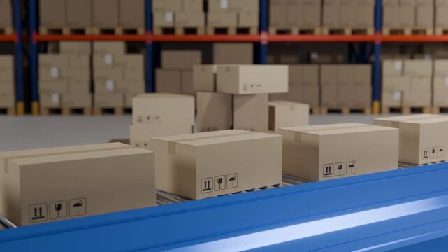 Smart warehouse management system concept.Cardboard boxes on conveyor rollers ready to be shipped by courier for distribution in warehouse.Huge distribution warehouse with high shelves and loaders.