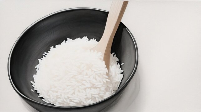 黒い器に盛られた白いご飯と木製のスプーン、シンプルな食卓の風景
