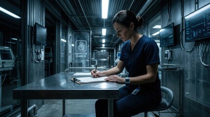 Fototapeta premium Nurse Analyzing Medical Chart In Clinical Environment