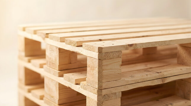 Close-up of a stack of new, light-colored wooden pallets, essential for shipping, storage, and logistics