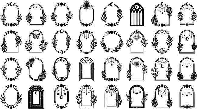 Mystical Celestial Frame and Arch Vector Set Featuring Boho Moon Phase, Sun, Stars, Crystals, and Botanical Floral Elements for Logo Designs, Tattoos, and Esoteric Graphic Prints