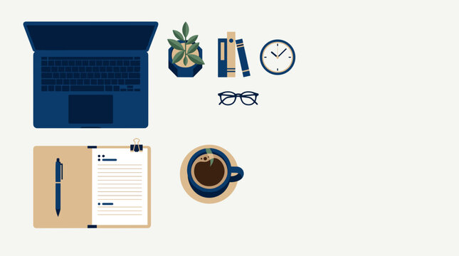 Modern Desk Setup with Laptop Notebook Pen Coffee and Plant