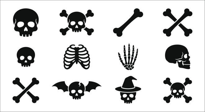 Skeletal Remains And Symbols Black Silhouette Collection On White Background