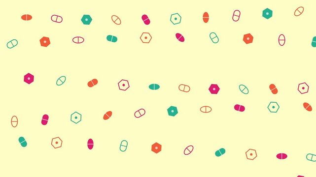 Colorful Animated Vitamin and Pill Icons Moving Across a Minimalist Yellow Background