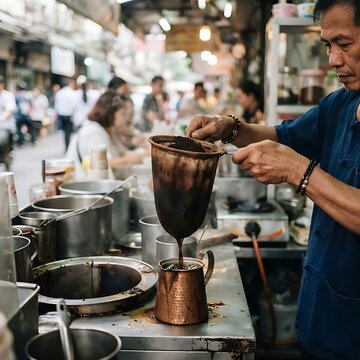 a person is making a Thai "Oliang" iced coffee preparation; hands holding a large cloth filter dripping dark coffee into a small copper po