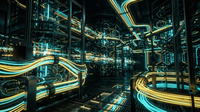Futuristic Neon Cyberpunk Data Center Interior