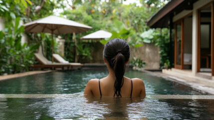 Fototapeta premium Woman relaxing in a tropical resort swimming pool surrounded by lush greenery