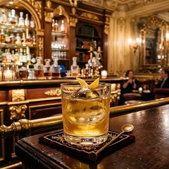 Obraz premium A shimmering Gold Rush cocktail, its honeyed tones beautifully reflected by a large, , served in a delicate rocks glass