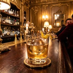 Obraz premium A shimmering Gold Rush cocktail, its honeyed tones beautifully reflected by a large, , served in a delicate rocks glass
