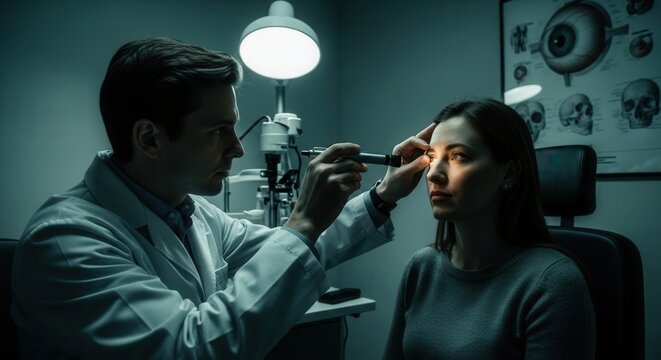 Ophthalmologist Examining Patient's Eye With Penlight In Clinical Setting