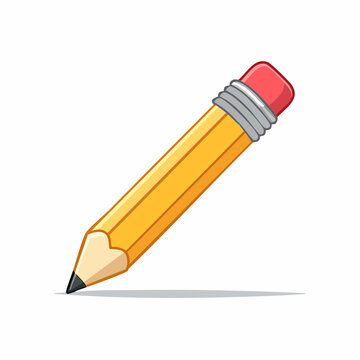 Cartoon yellow pencil with pink eraser isolated on white background, stationery