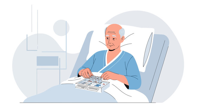 Elderly man in hospital bed with medication organizer